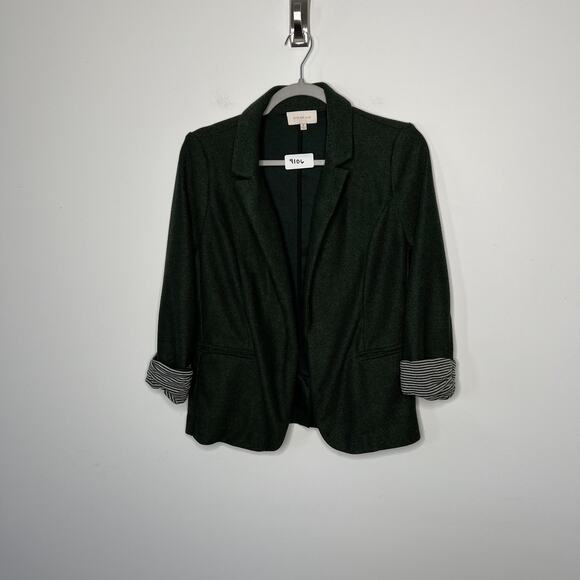Skies Are Blue Blazer Womens Medium Dark Green Open Front Striped Cuff Jacket - Picture 2 of 12